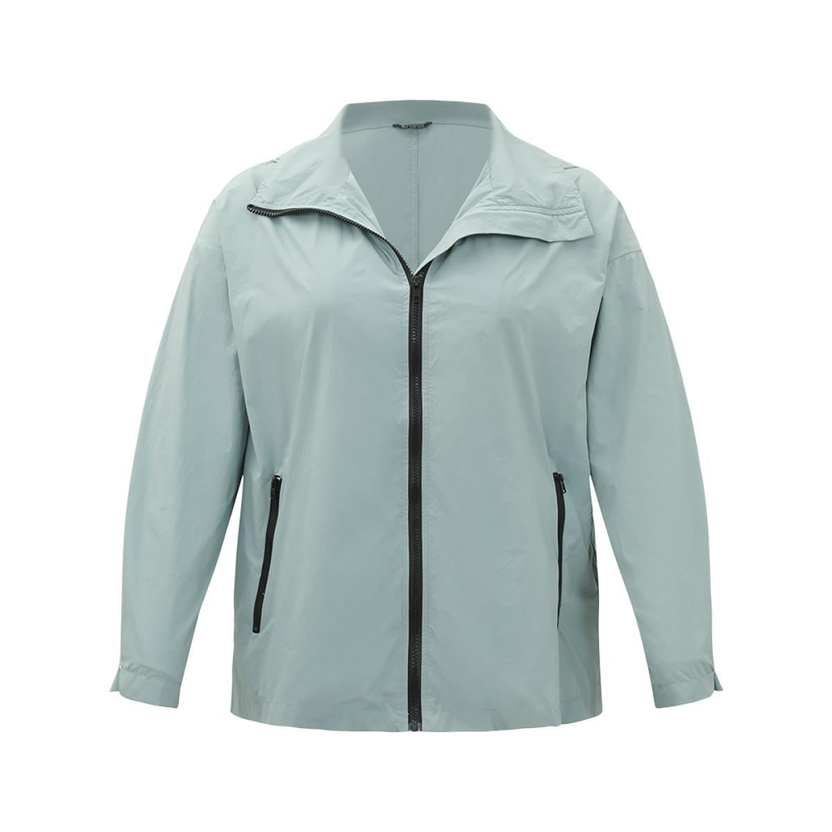 Plus Size Plain Hooded Pocket Zipper Fly Jacket Women SlateGray Plain Pocket Dailywear Jackets BloomChic 28/5X Product Image