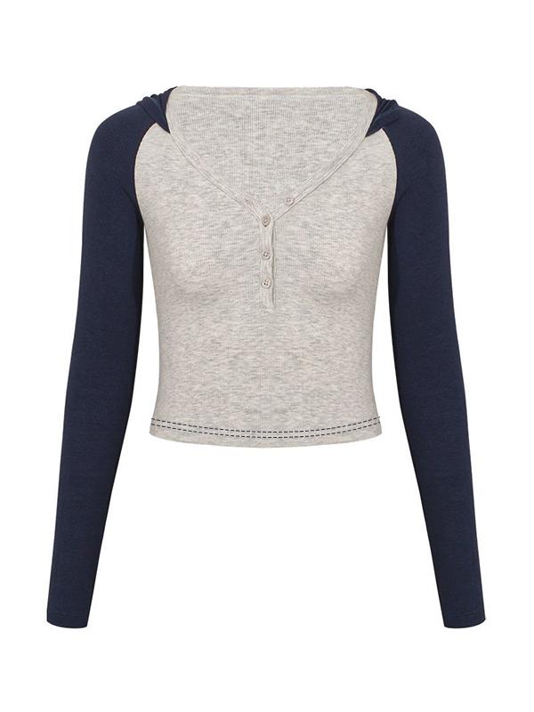 Contrast Color V Neck Long Sleeve Tee Product Image