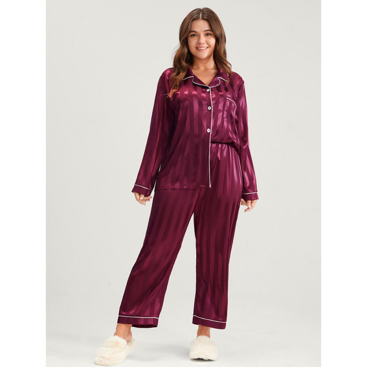 Plus Size Solid Striped Button Satin Pajama Set Women Burgundy Plain Patchwork Long Sleeve Shirt collar Casual Loungewear Sets BloomChic 30/6X Product Image
