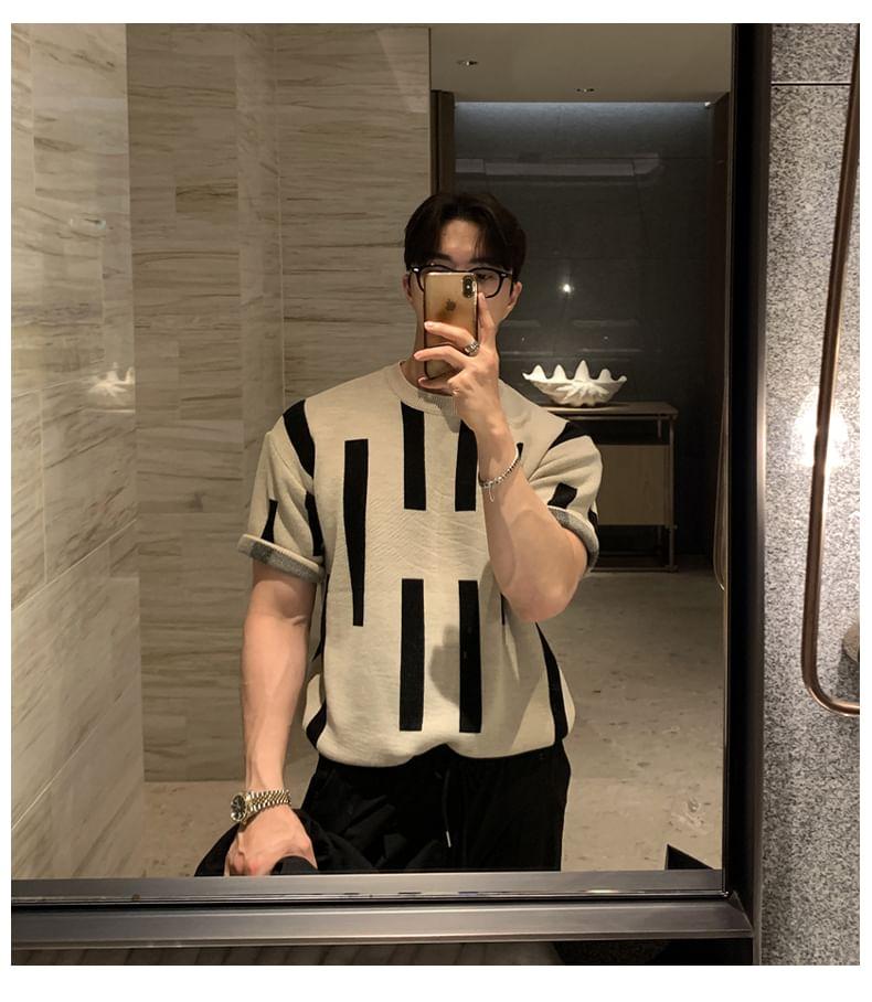 Short-Sleeve Crewneck Two Tone Knit Top Product Image