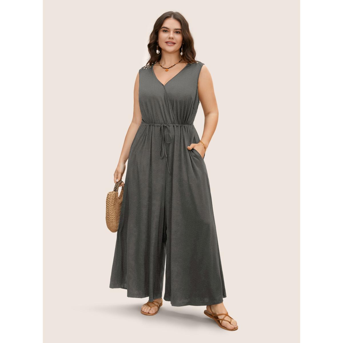 Plus Size DimGray V Neck Crocheted Cut Out Jumpsuit Women Boho Sleeveless V-neck Vacation Loose Jumpsuits BloomChic 10/M Product Image