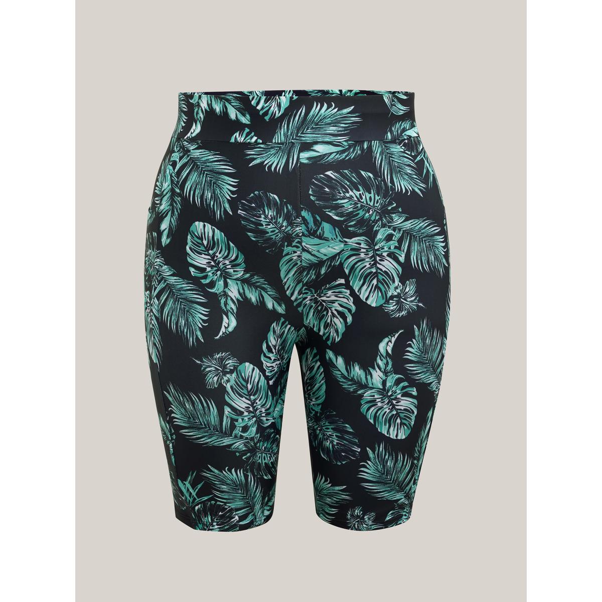 Plus Size Tropical Leaf Print Pocket Swim Bottoms Women's Swimwear Black Beach High stretch Skinny High Rise Side seam pocket Curve Swim Bottoms BloomChic 26/4X Product Image