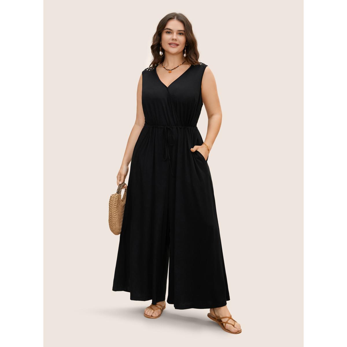 Plus Size Black V Neck Crocheted Cut Out Jumpsuit Women Boho Sleeveless V-neck Vacation Loose Jumpsuits BloomChic 14-16/1X Product Image