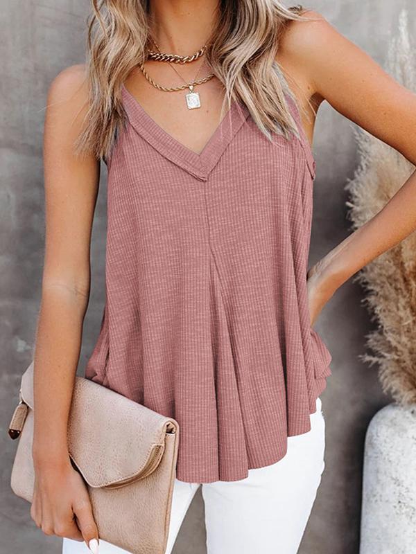 Loose Sleeveless Pleated Solid Color V-Neck Vest Top Product Image