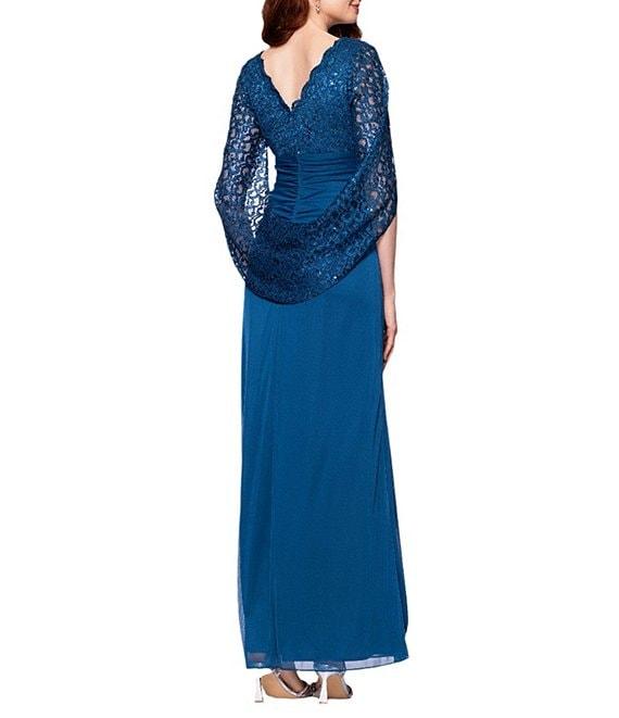 Betsy & Adam Lace Matte Jersey V Neck 3/4 Sleeve Draped Back Sheath Gown Product Image