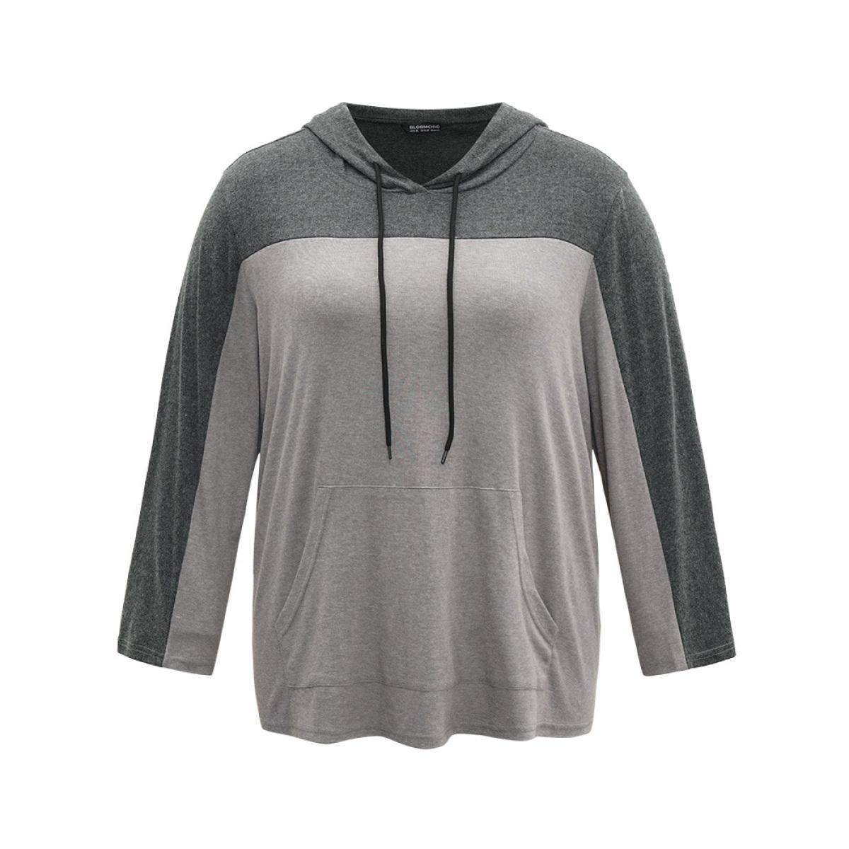 Plus Size Patchwork Contrast Pocket Hooded Drawstring T-shirt Gray Women Casual Contrast Plain Hooded Dailywear T-shirts BloomChic 30/6X Product Image