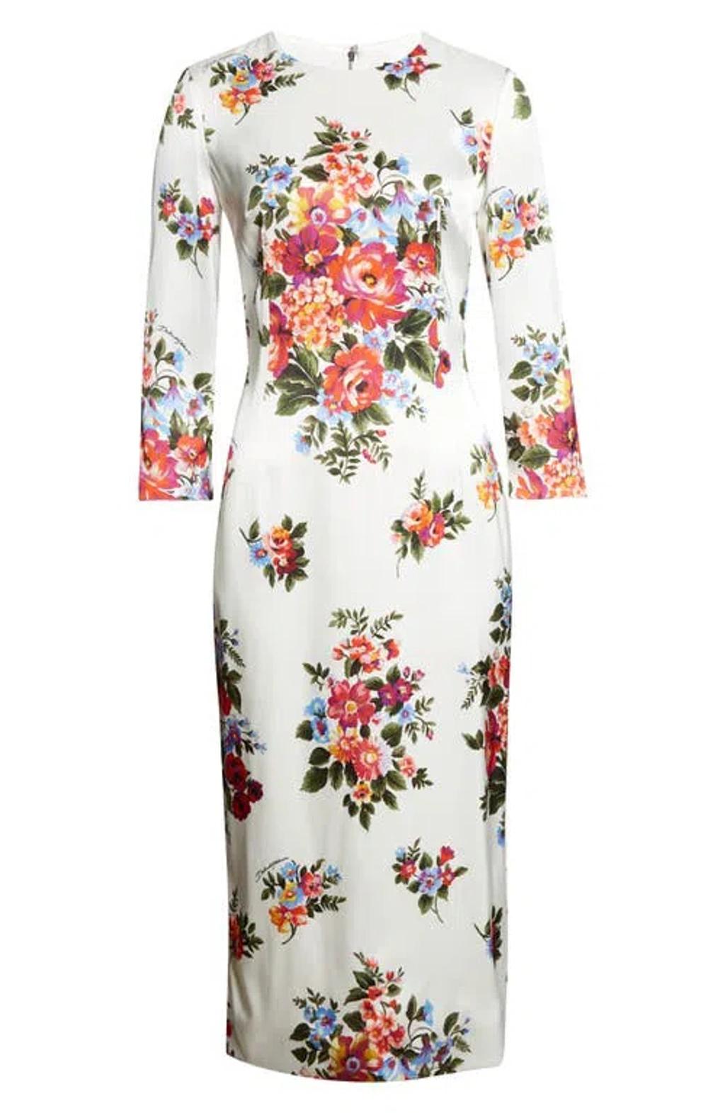 DOLCE & GABBANA Abito Midi Bianco Con Stampa Floreale Dolce E Gabbana In White Product Image