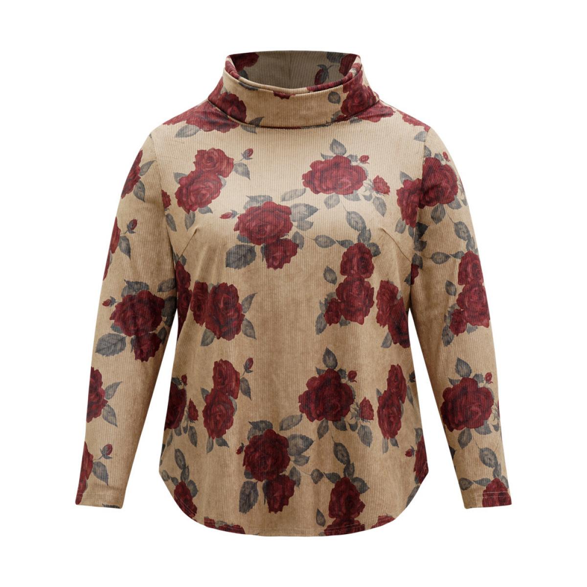 Plus Size Rose Print Textured Turtleneck T-shirt LightBrown Women Elegant Texture Floral Turtleneck Everyday T-shirts BloomChic 28/5X Product Image