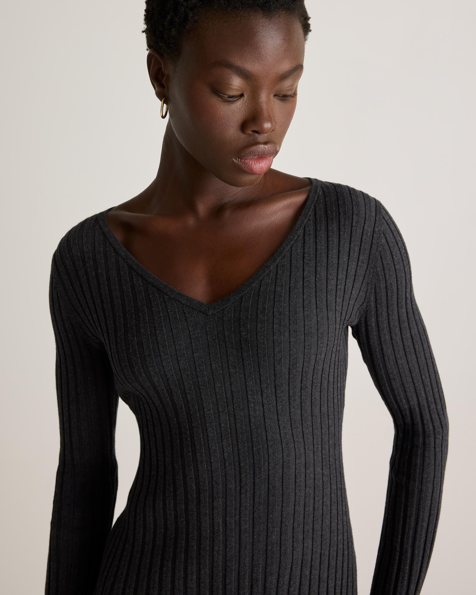 Quince | Women's Cotton Cashmere Ribbed Long Sleeve V-Neck Midi Dress Product Image