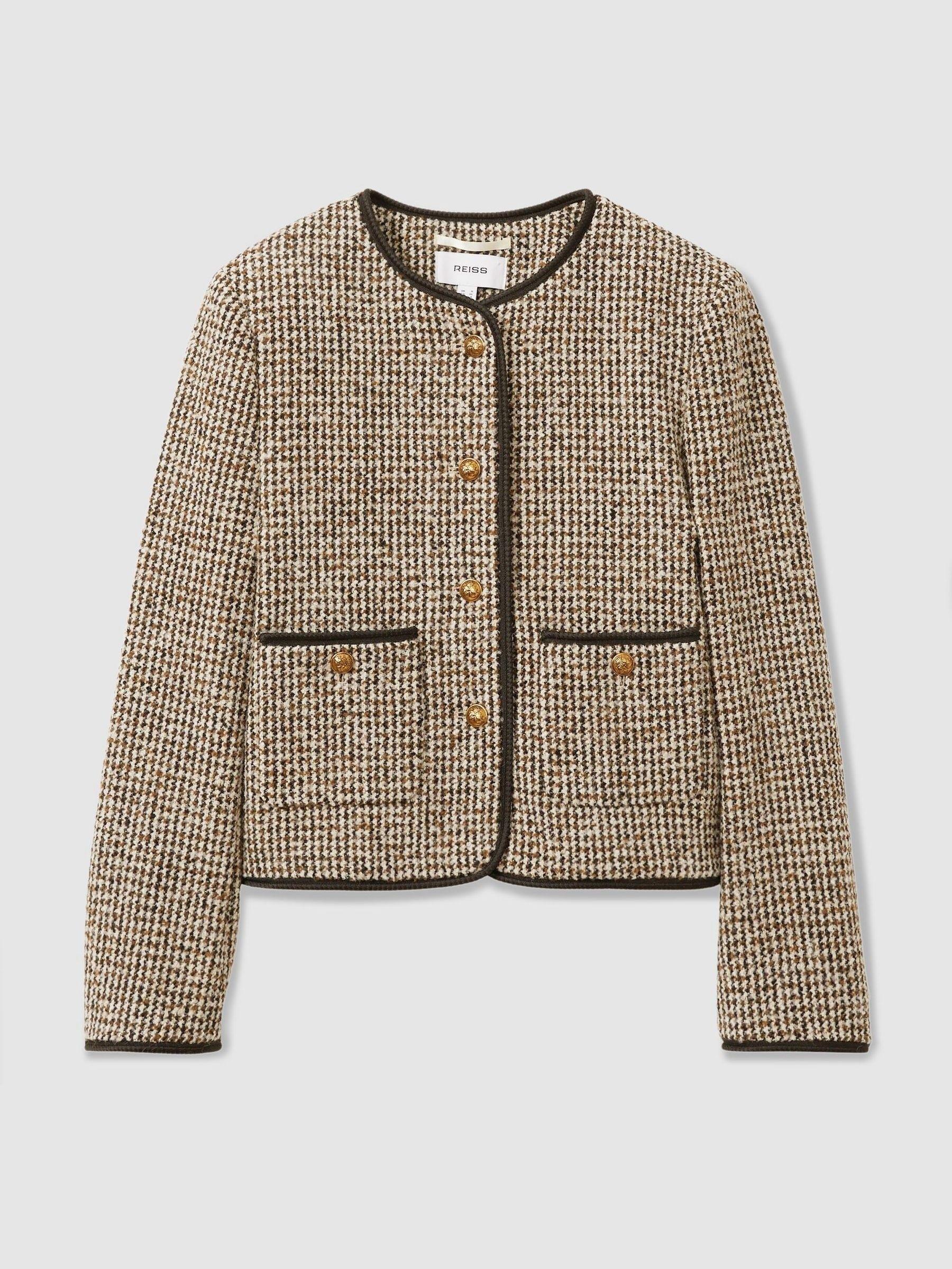 Cropped Wool Blend Tweed Jacket in Brown Product Image