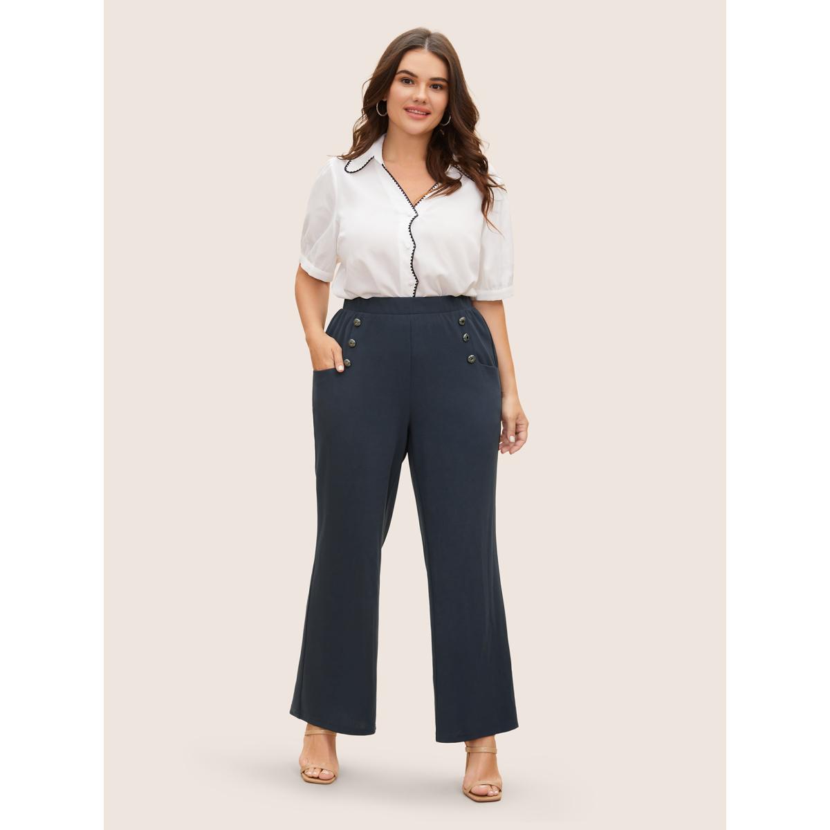 Plus Size Silver-Button Wide-Leg Pants Women Midnight Elegant Wide Leg Mid Rise Everyday Pants BloomChic 28/5X Product Image