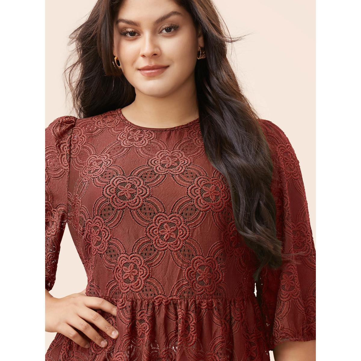 Plus Size Rust Crew Neck Crochet Lace Lantern Sleeve Blouse Women Elegant Elbow-length sleeve Round Neck Everyday Blouses BloomChic 12/L Product Image