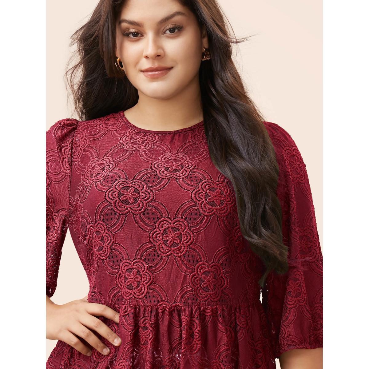 Plus Size Burgundy Crew Neck Crochet Lace Lantern Sleeve Blouse Women Elegant Elbow-length sleeve Round Neck Everyday Blouses BloomChic 26/4X Product Image