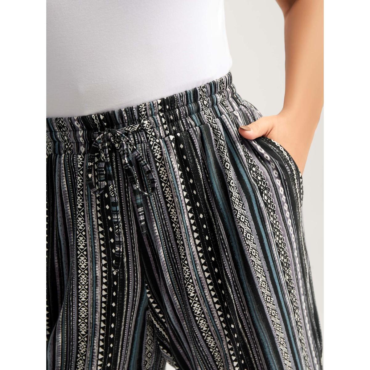 Plus Size Stretchy Boho Stripes Straight-Leg Pants Women Black Leisure Straight Leg Mid Rise Casual Pants BloomChic 18-20/2X Product Image