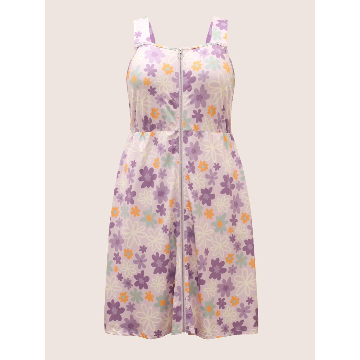 Plus Size Contrast Floral Zipper Sleeveless Midi Dress Lilac Women Casual Non Non Sleeveless Curvy BloomChic 18-20/2X Product Image