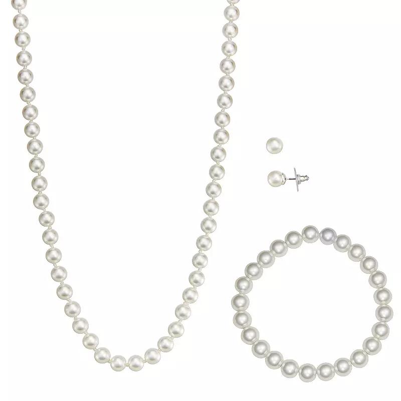 You're Invited Silver Tone Simulated Pearl Necklace, Stud Earrings, and Bracelet Set, Women's Product Image