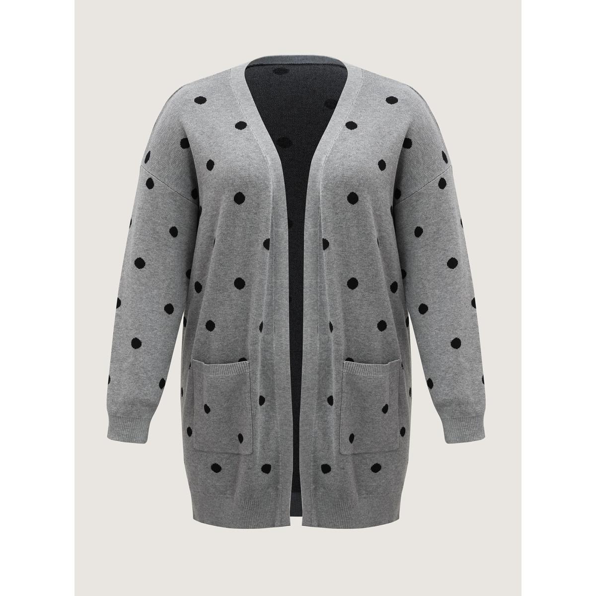 Plus Size Polka Dot Kimono Collar Patch Pocket Cardigan Mediumgray Women Leisure Loose Long Sleeve Casual Cardigans BloomChic 22-24/3X Product Image