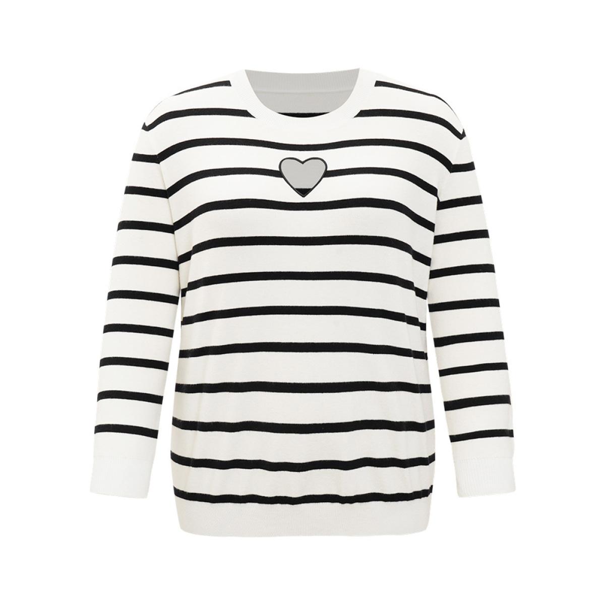Plus Size Supersoft Essentials Striped Heart Keyhole Mesh Pullover Ivory Women Casual Loose Long Sleeve Round Neck Dailywear Pullovers BloomChic 26/4X Product Image