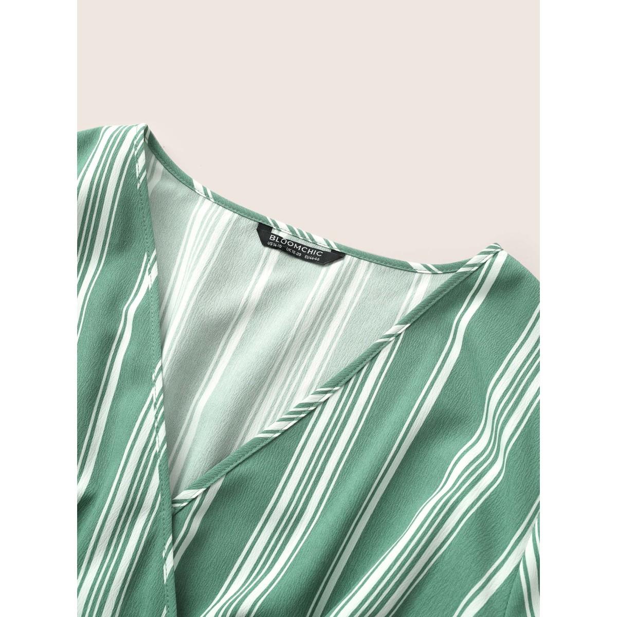 Plus Size Striped Elastic Waist Belted Wrap Dress Mint Women At the Office Non Overlap Collar Elbow-length sleeve Curvy Midi Dress BloomChic 14-16/1X Product Image