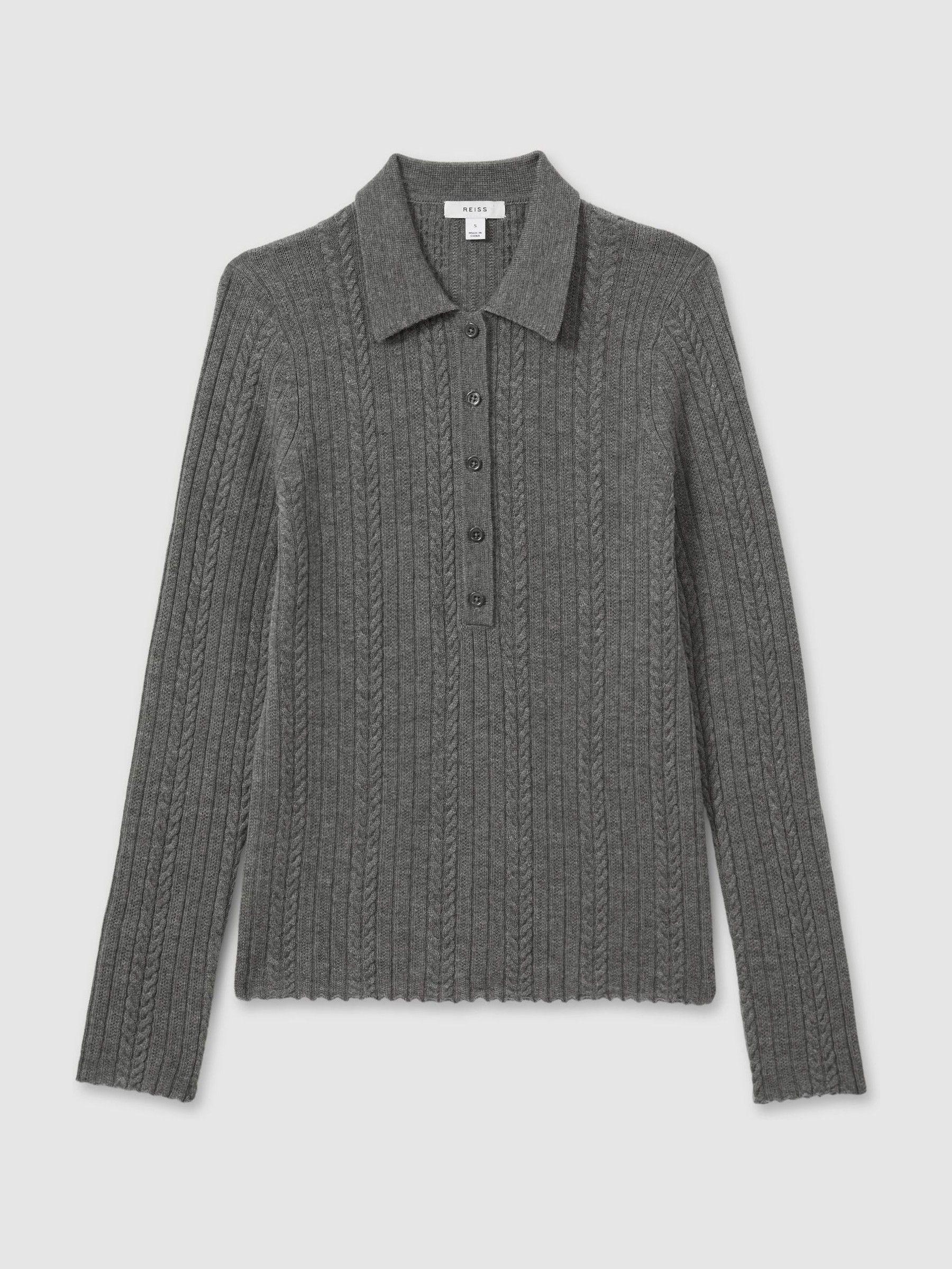 Wool Cable Knit Polo Neck Jumper in Charcoal Product Image