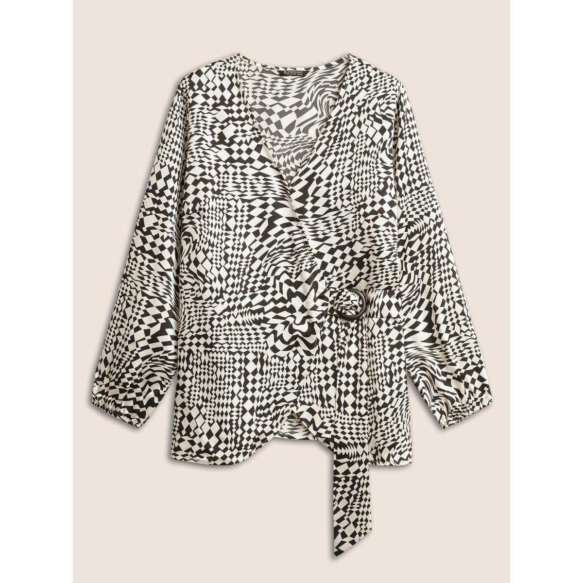 Plus Size Black Asymmetrical Geometric Wrap Button Detail Blouse Women At the Office Long Sleeve Overlap Collar Work Blouses BloomChic 22-24/3X Product Image