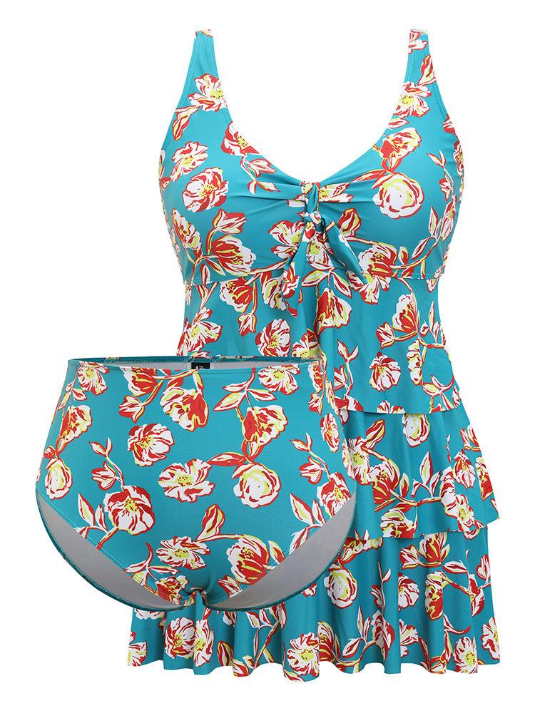 Floral Adjustable Straps Knotted Ruched Ruffle Tiered Swim Dress Female Product Image