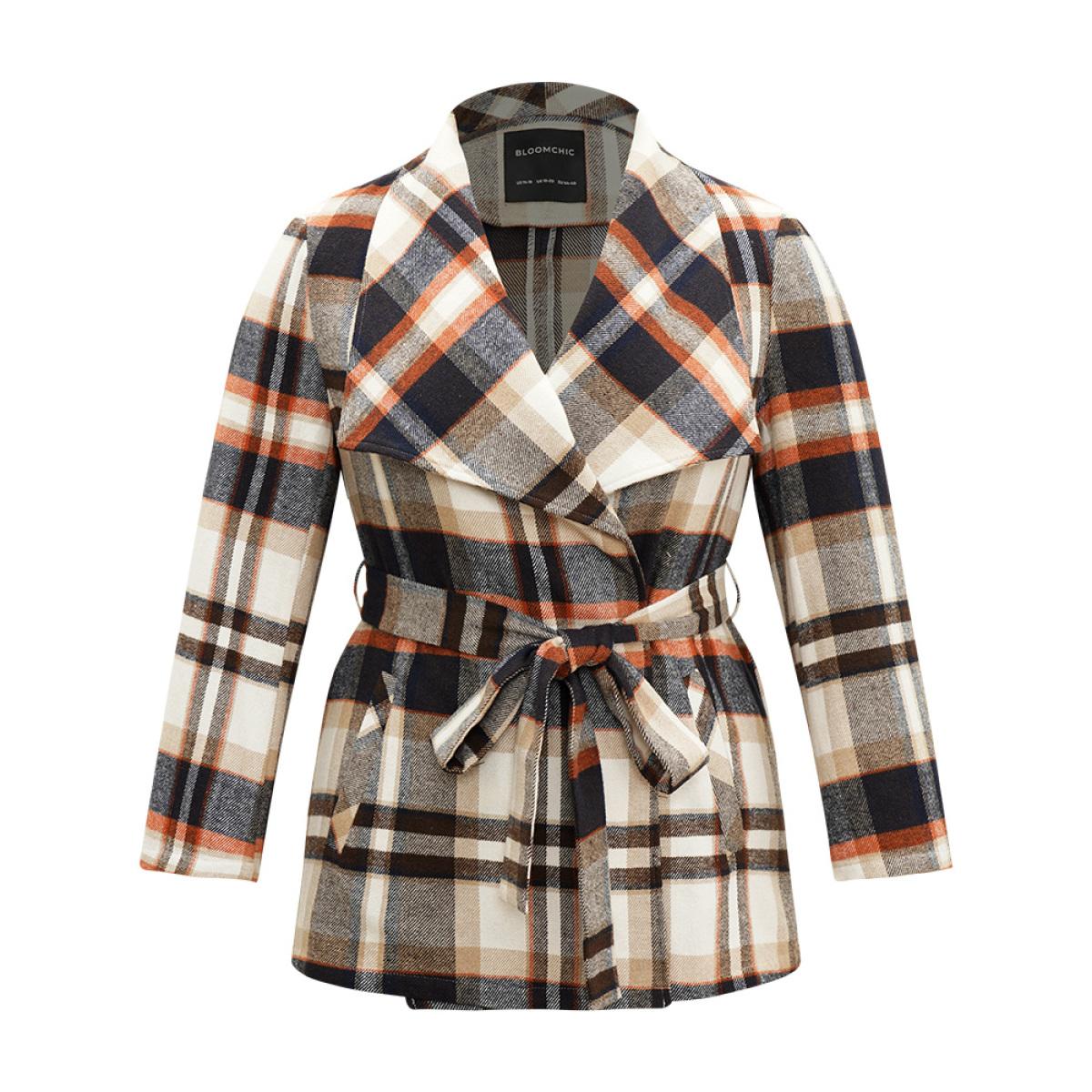 Plus Size Plaid Belted Lapel Collar Pocket Coat Women Tan Casual Belted Ladies Dailywear Winter Coats BloomChic 28/5X Product Image