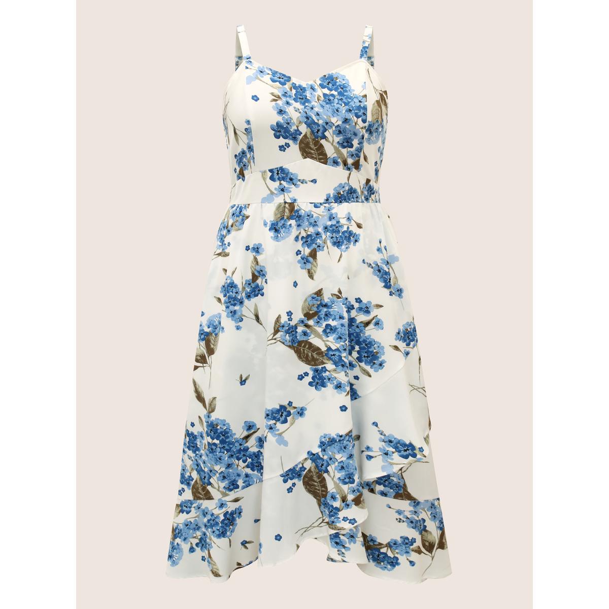 Plus Size Floral Print Ruffles Elastic Waist Cami Dress Mediumblue Women Elegant Non Sleeveless Curvy BloomChic 14-16/1X Product Image