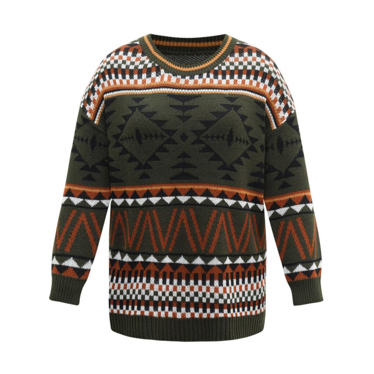 Plus Size Geometric Contrast Crew Neck Drop Shoulder Pullover DarkGreen Women Casual Loose Long Sleeve V-neck Everyday Pullovers BloomChic 30/6X Product Image