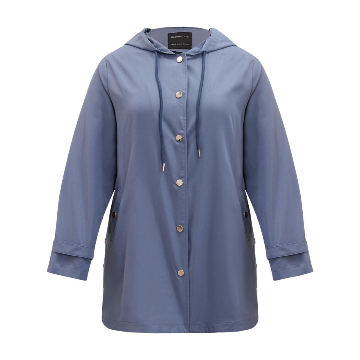 Plus Size Plain Button Detail Hooded Drawstring Coat Women DarkBlue Casual Plain Ladies Dailywear Winter Coats BloomChic 10/M Product Image