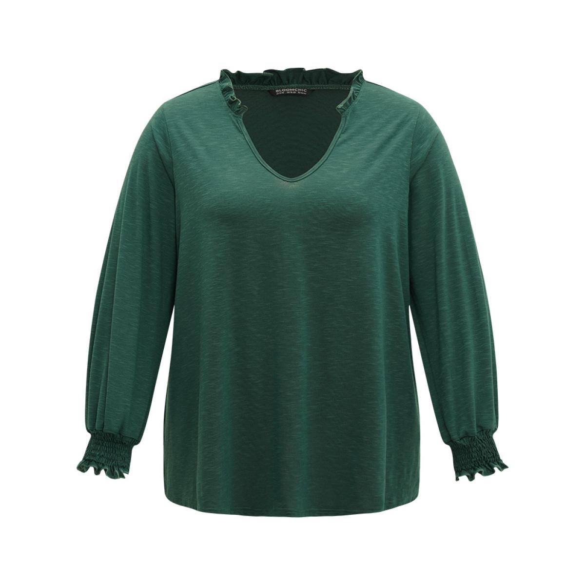 Plus Size Solid Frill Trim Shirred T-shirt DarkGreen Women Elegant Elastic cuffs Plain V-neck Dailywear T-shirts BloomChic 14-16/1X Product Image