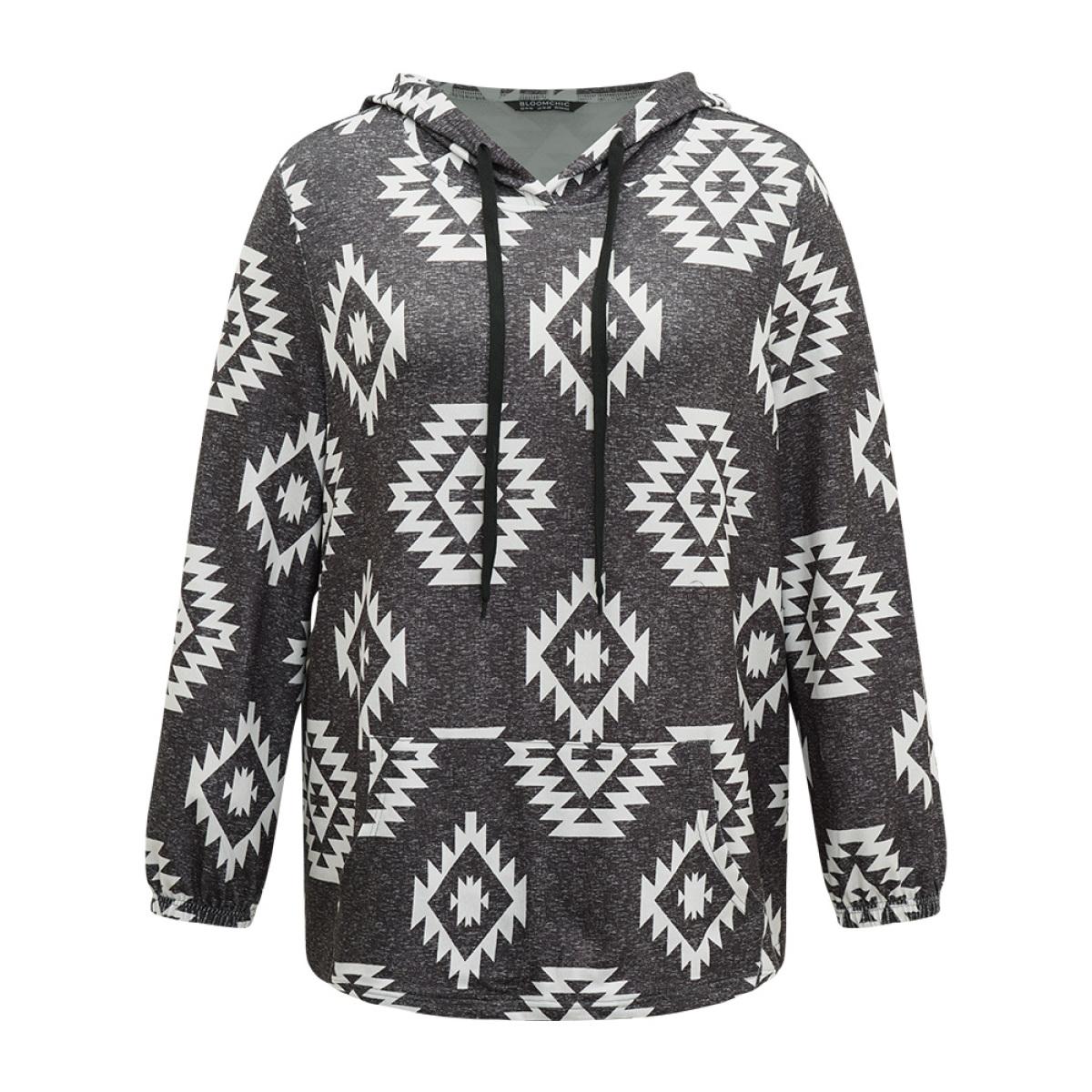 Plus Size Moroccan Print Hooded Pocket Sweatshirt Women Gray Casual Printed Hooded Dailywear Sweatshirts BloomChic 22-24/3X Product Image