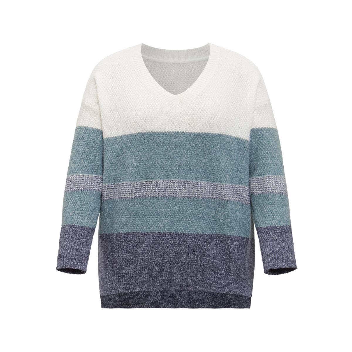 Plus Size Colorblock Heather Split Side High Low Hem Pullover Cerulean Women Casual Loose Long Sleeve V-neck Dailywear Pullovers BloomChic 22-24/3X Product Image