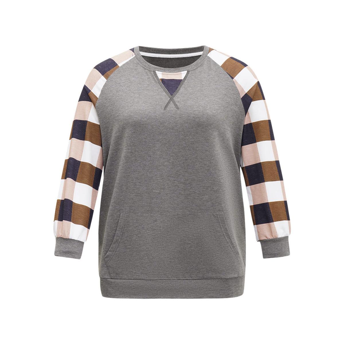 Plus Size Colorblock Contrast Pocket Stitch Sweatshirt Women Gray Casual Elastic cuffs Round Neck Dailywear Sweatshirts BloomChic 30/6X Product Image