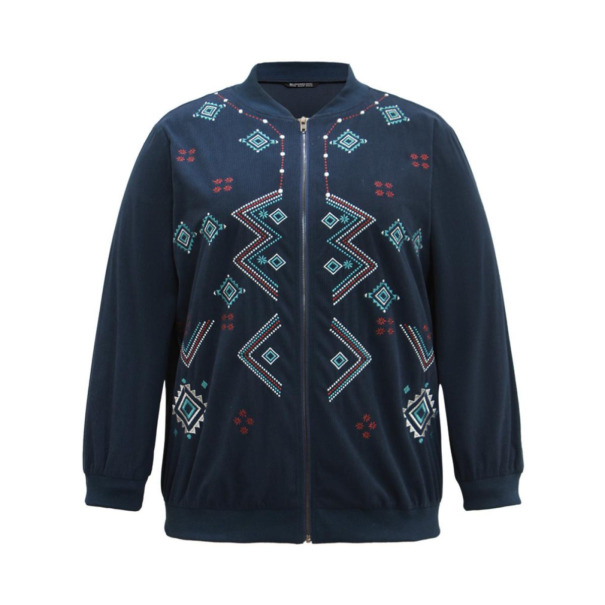 Plus Size Corduroy Geo Embroidered Zipper Fly Jacket Women Indigo Elastic cuffs Dailywear Jackets BloomChic 22-24/3X Product Image