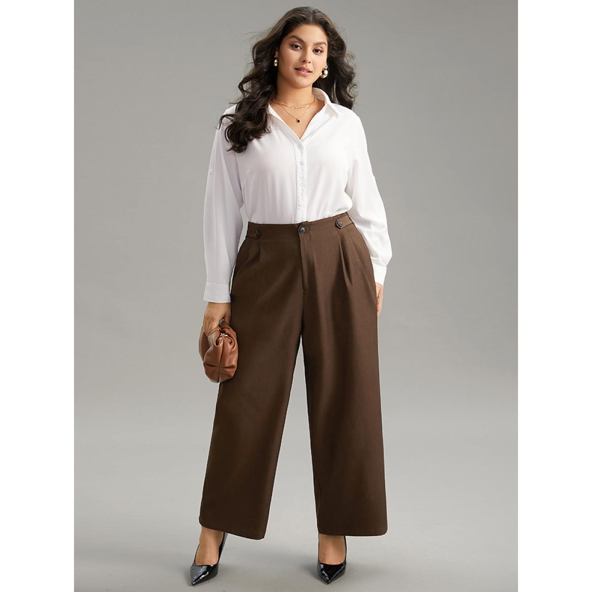 Plus Size Solid Elastic Waist Plicated Detail Straight Leg Pants Women DarkBrown Office Straight Leg High Rise Office Pants BloomChic 10/M Product Image