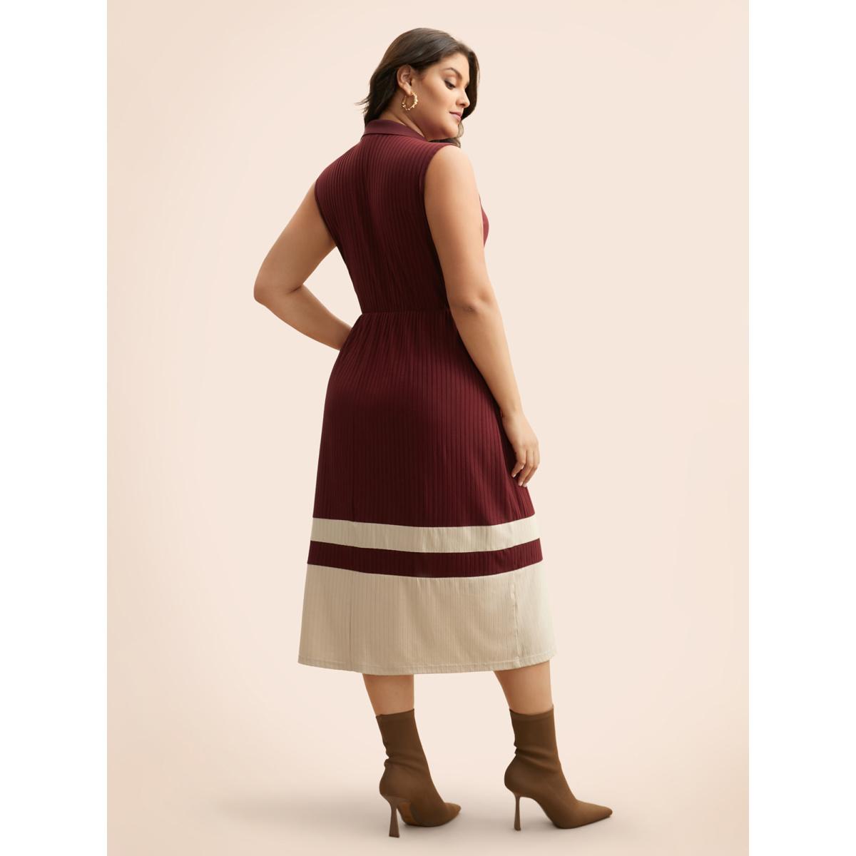 Plus Size Contrast Patchwork Button Up Dress Deepred Women Casual Texture Shirt collar Sleeveless Curvy BloomChic 28/5X Product Image