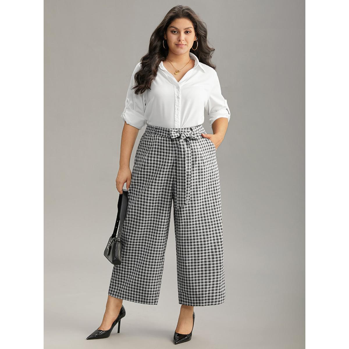 Plus Size Plaid Belted Bowknot Wide Leg Pants Women Black Office Wide Leg High Rise Work Pants BloomChic 22-24/3X Product Image