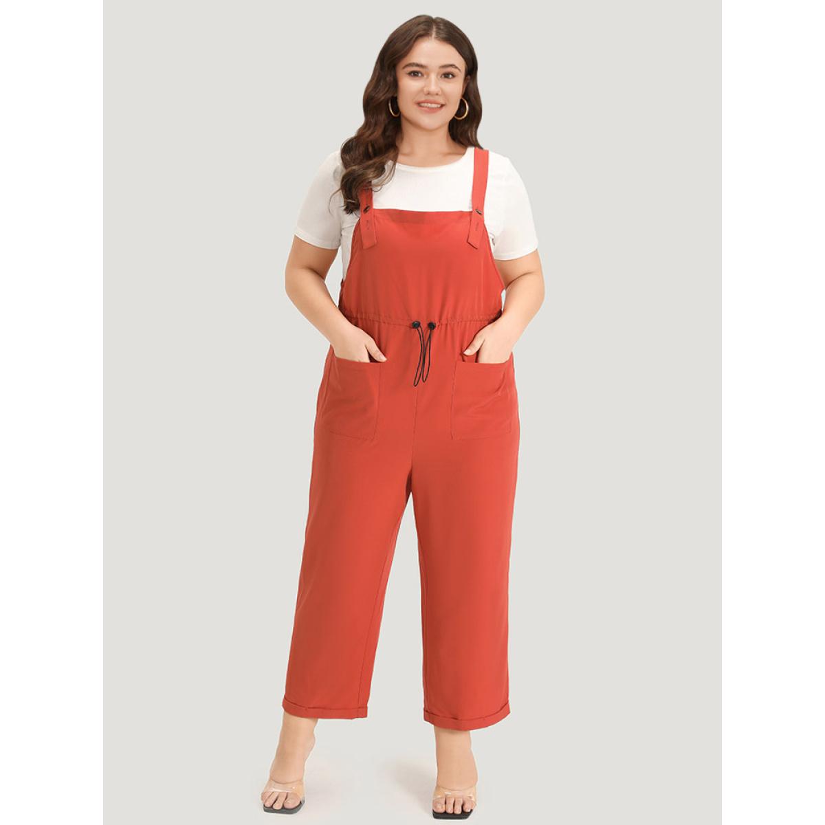 Plus Size OrangeRed Plain Button Up Pocket Roll Hem Drawstring Jumpsuit Women Elegant Sleeveless Spaghetti Strap Dailywear Loose Jumpsuits BloomChic 18-20/2X Product Image