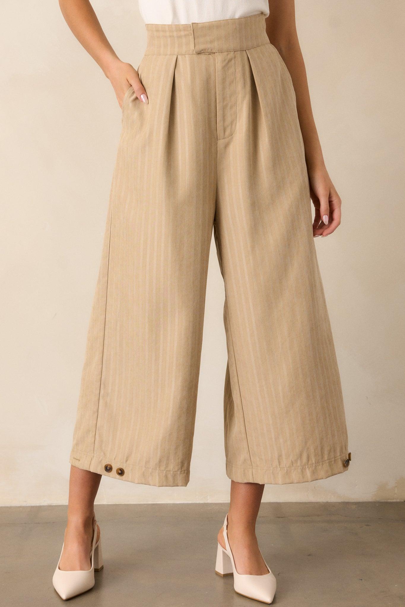 Get With It Tan Pinstripe Cropped Wide Leg Pants Product Image