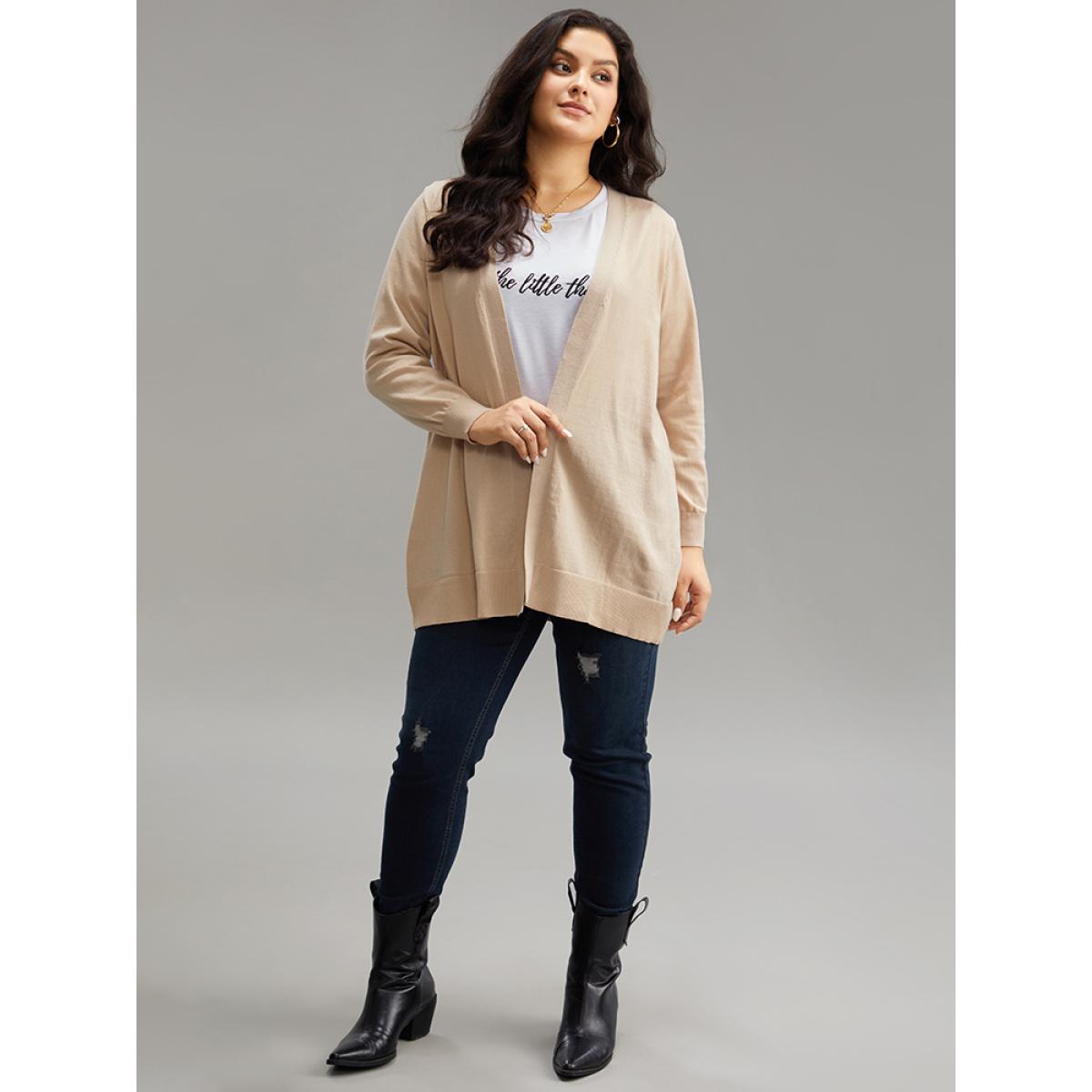 Plus Size Solid Elastic Cuffs Open Front Cardigan Champagne Women Casual Loose Long Sleeve Everyday Cardigans BloomChic 10/M Product Image