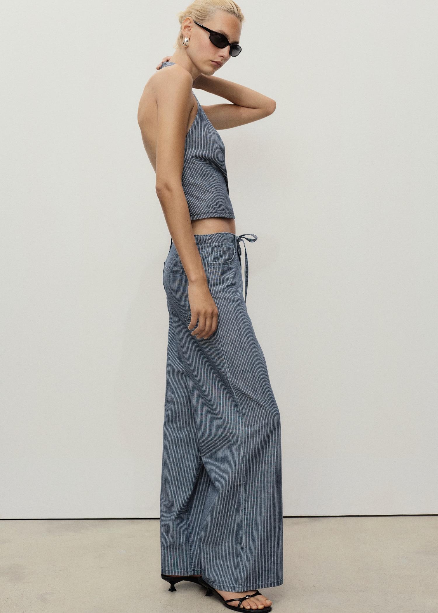Wide leg denim pants with belt - Women | MANGO USA Product Image