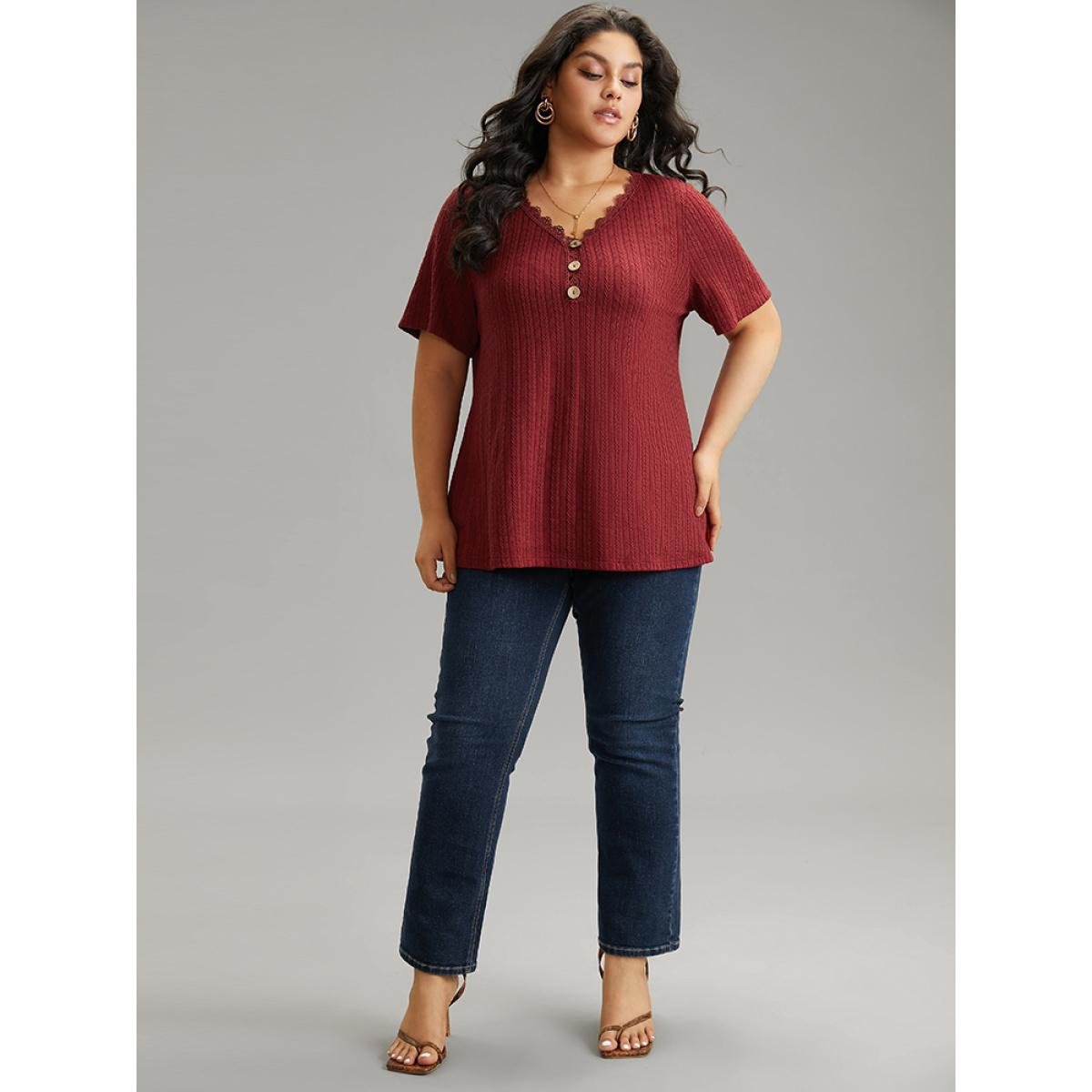 Plus Size Lace Trim Plisse Button Detail T-shirt Burgundy Women Casual Texture Plain V-neck Everyday T-shirts BloomChic 10/M Product Image