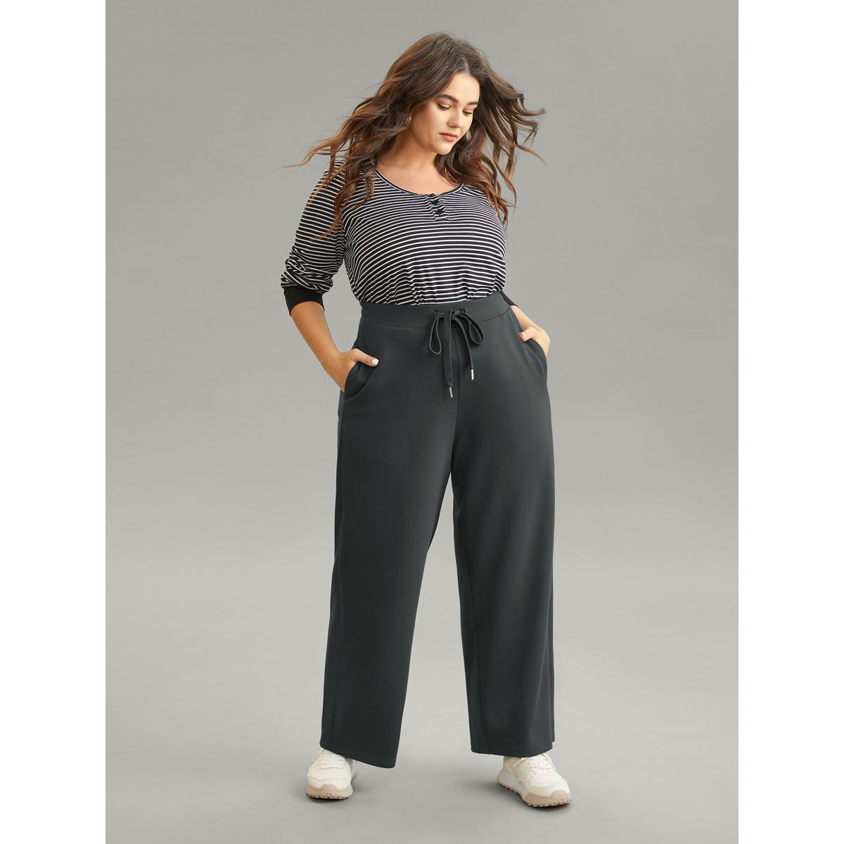 Plus Size Plain Wideband Waist Drawstring Pants Women DimGray Casual Straight Leg Mid Rise Dailywear Pants BloomChic 14-16/1X Product Image