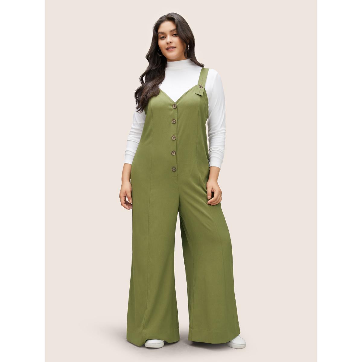 Plus Size ArmyGreen Solid Texture Button Up Crinkled Jumpsuit Women Casual Sleeveless V-neck Everyday Loose Jumpsuits BloomChic 12/L Product Image
