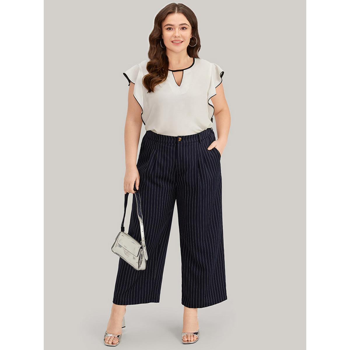 Plus Size Ivory Contrast Keyhole Ruffle Trim Cap Sleeve Blouse Women Office Cap Sleeve Keyhole Cut-Out Office Blouses BloomChic 12/L Product Image