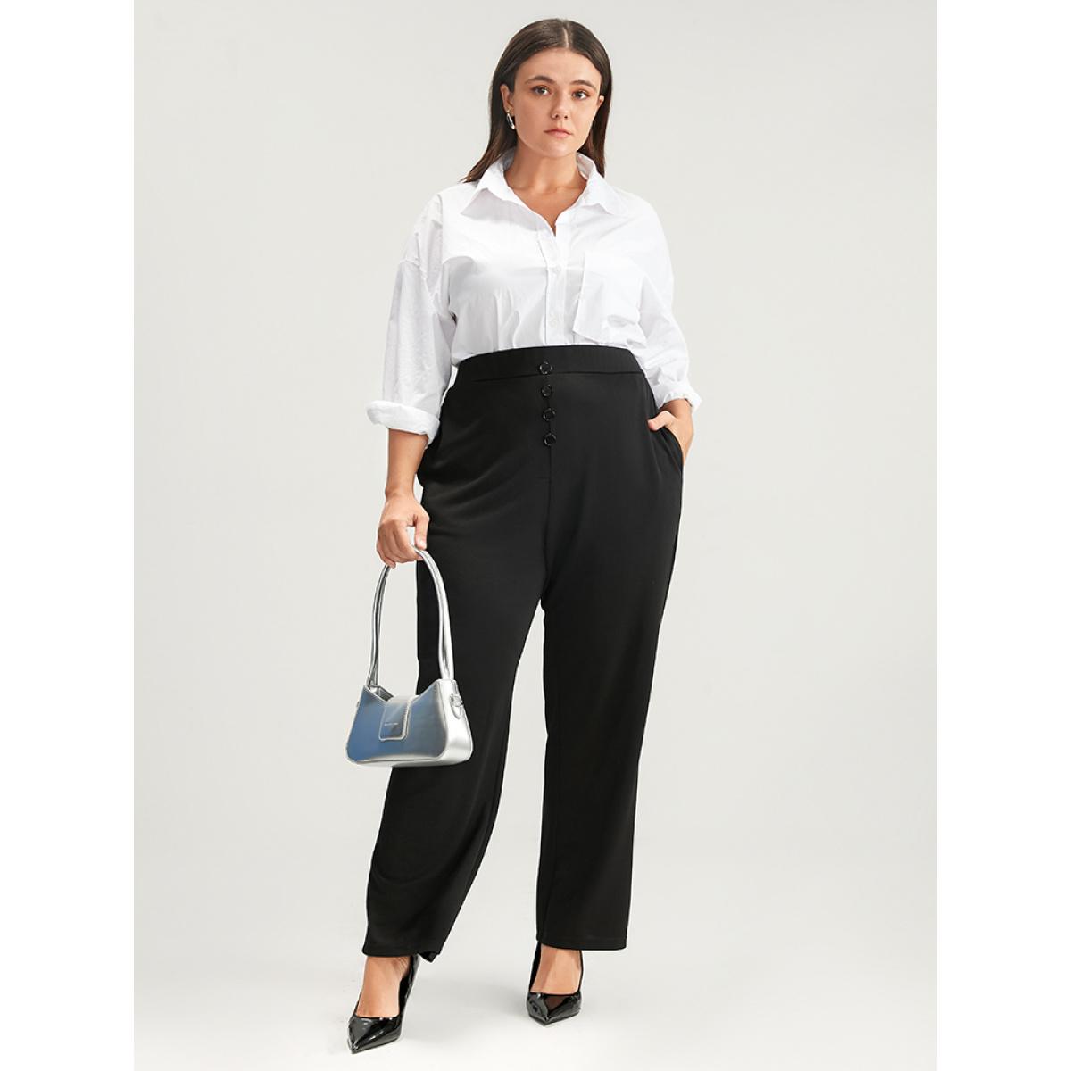 Plus Size Solid Elastic Waist Fake Button Pocket Pants Women Black Office High Rise Office Pants BloomChic 12/L Product Image