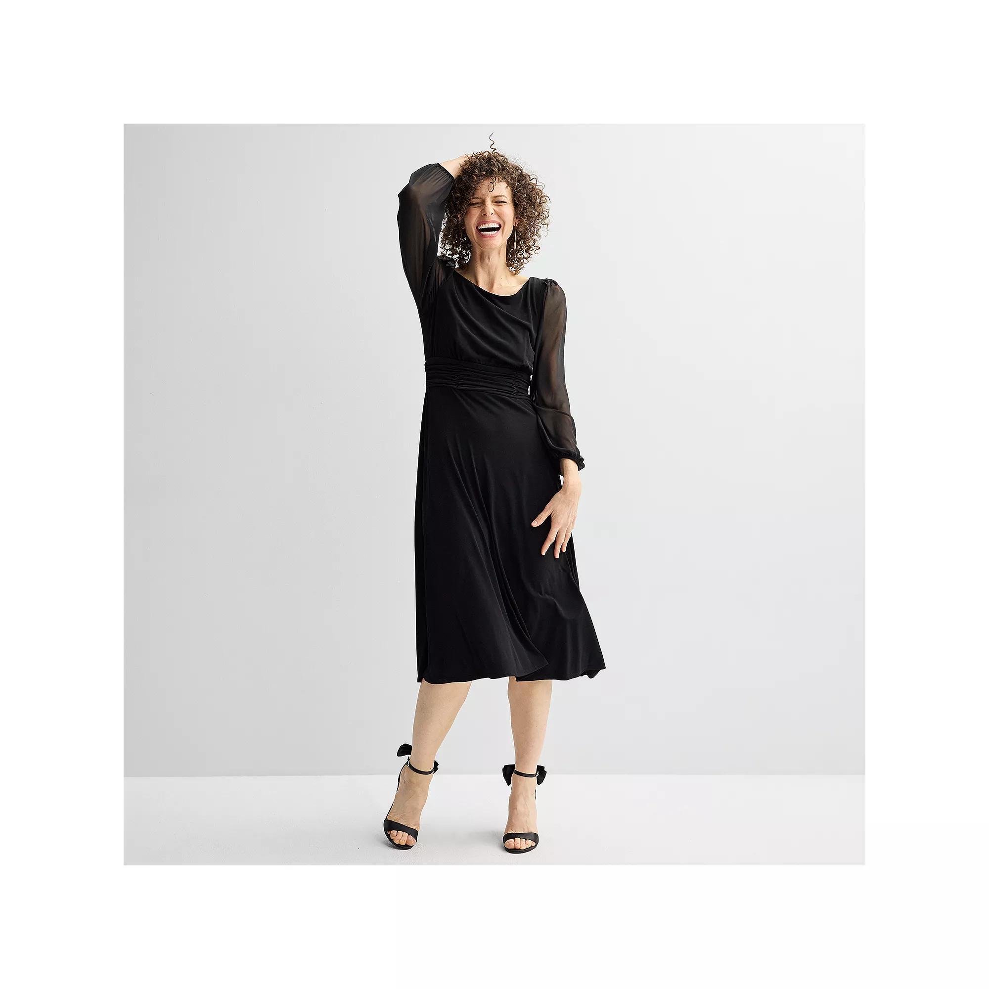 Women's Connected Apparel Rouched Waist And Sheer Sleeve Dress, Size: 8, Black Product Image