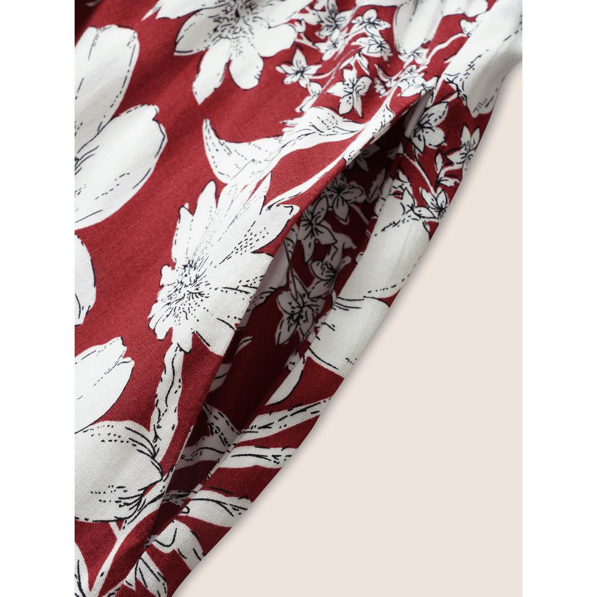 Plus Size Square Neck Floral Print Belted Gathered Dress Russet Women Elegant Gathered Square Neck Short sleeve Curvy Midi Dress BloomChic 22-24/3X Product Image