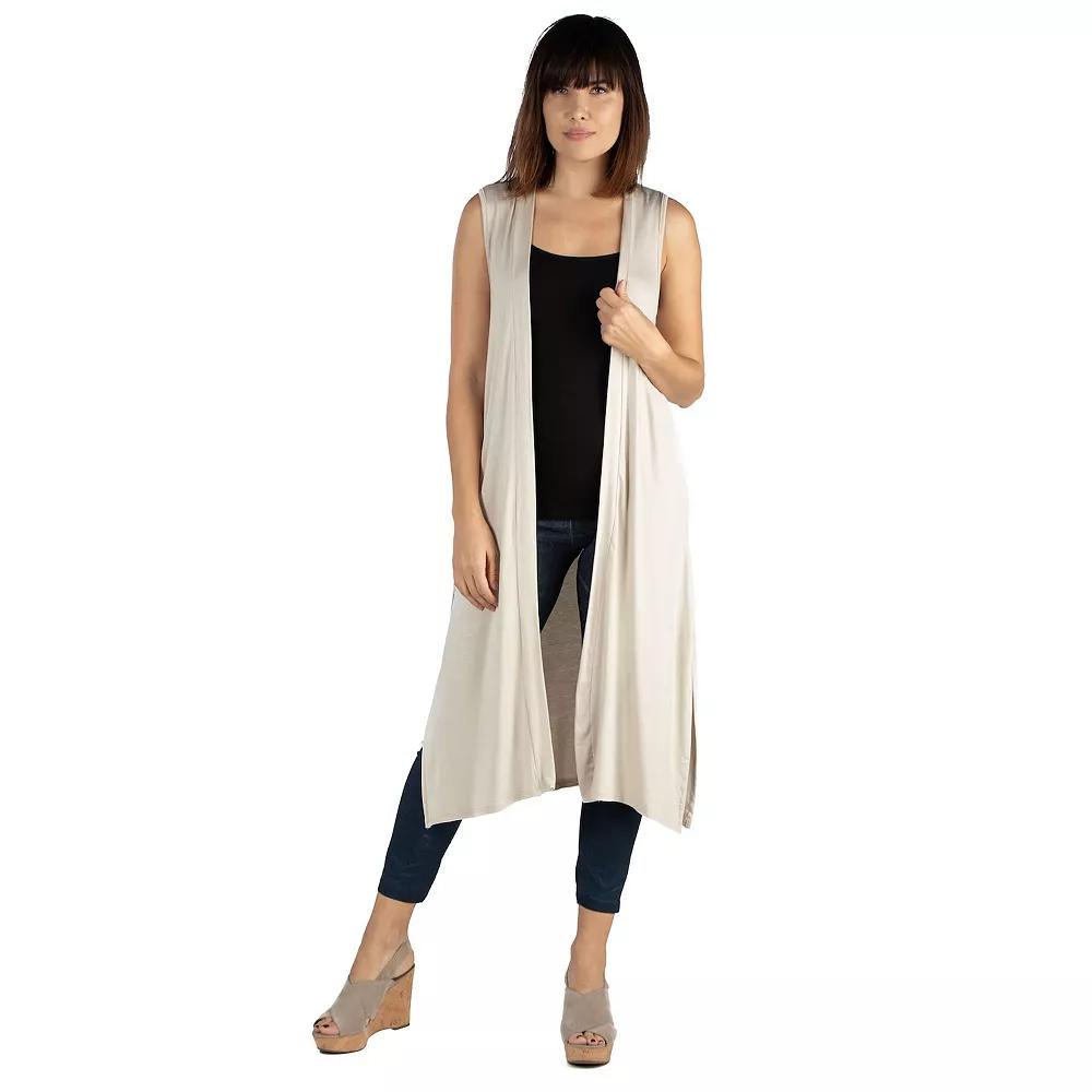 Women's 24Seven Comfort Apparel Sleeveless Long Cardigan Vest with Side Slit, Size: Large, Oatmeal Product Image